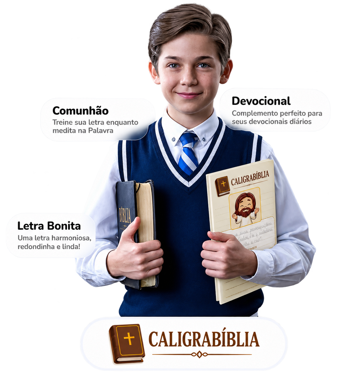 Caligrabíblia Caligrabíblia — criança com Bíblia e material de caligrafia